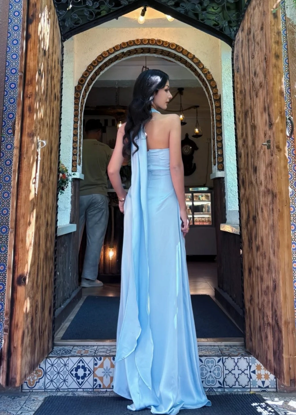 Elegant Sheath Blue Bridesmaid Dresses Satin V-neck Evening Dresses ED05479