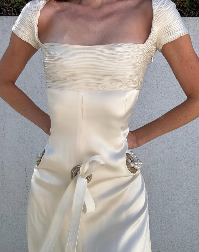 Ivory A Line Square Neck Pearl Satin Short Homecoming Dress with Slit SH2511