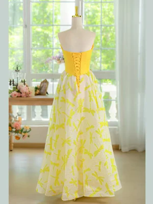 Elegant Strapless Yellow Lace Floral Long Prom Dresses, Floral Formal Evening Dresses GG024