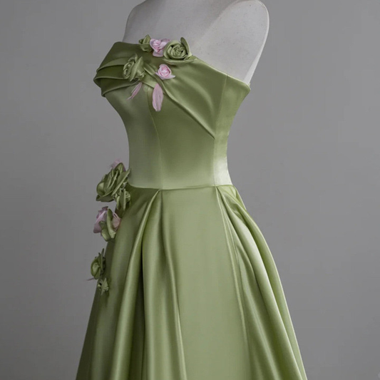 Elegant Green A-line Satin with Flowers Long Evening Dress, Party Dress,Prom Dress GG006