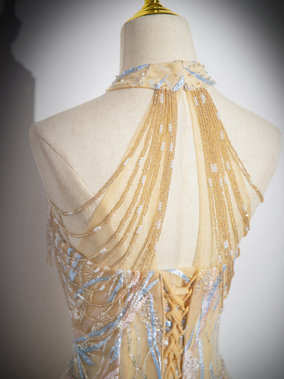 Delicate A line Champagne Tulle Halter Beading Prom Dress GG009