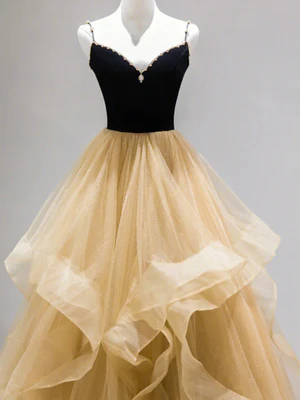 Shiny Champagne Tulle Long Prom Dresses with Black Top, Fluffy Long Champagne Formal Evening Dresses GG010