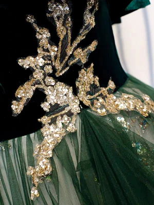 Delicate A Line Dark Green Spaghetti straps Velvet Lace Sequin Long Prom Dresses GG019