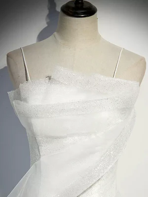 Shiny Sequins White Mermaid Spaghetti strap Tulle Long Prom Dresses, White Mermaid Long Formal Evening Dresses GG030