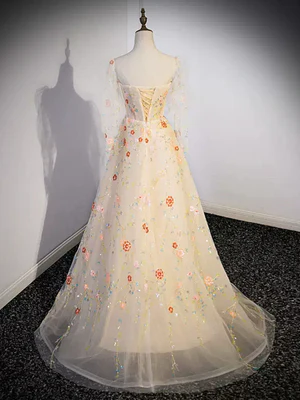 Shiny A Line Sequins Long Sleeves Champagne Lace Beaded Long Prom Dresses,Floral Long Formal Evening Dresses GG031