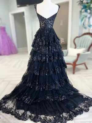 Delicate A Line Sweetheart Neck Navy Blue Sequin Tiered Ball Gown Long Prom Dresses, Sequin Long Formal Dresses GG035