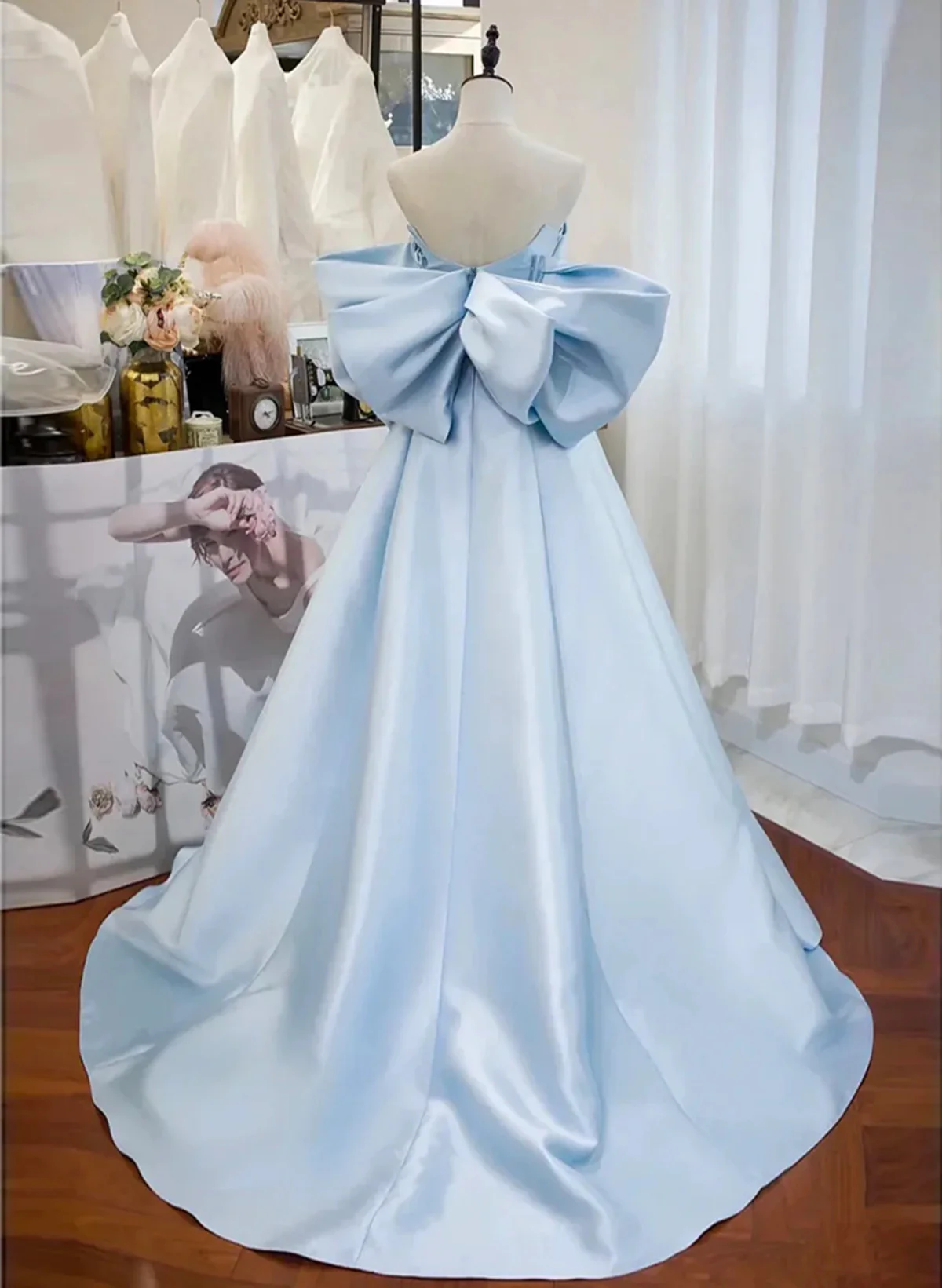 Elegant A Line Sweetheart Neck Off the Shoulder Light Blue Satin Long Prom Dresses, Long Formal Evening Dresses GG036