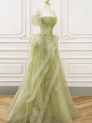 Elegant A Line Off the Shoulder Green Tulle Lace Long Prom Dresses, Formal Evening Dresses GG037