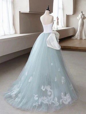 Elegant A Line Tulle Lace Flower Long Prom Dresses, Blue Flower Long Formal Evening Dresses GG038