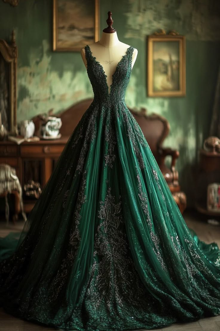 Pretty A Line V Neck Dark Green Tulle Applique Long Prom Dress,Evening Dress GG2065