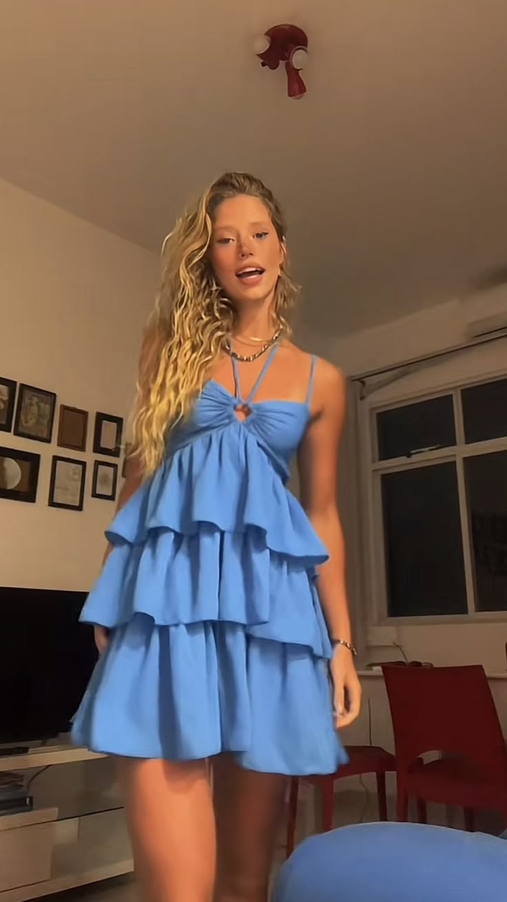 Unique A Line Spaghetti Straps Blue Chiffon Tiered Short Prom Dress,Homecoming Dress,Evening Dress GG2235