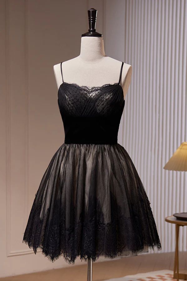 Cute A Line Spaghetti Straps Black Tulle Short Prom Dress,Homecoming Dress,Evening Dress GG2346