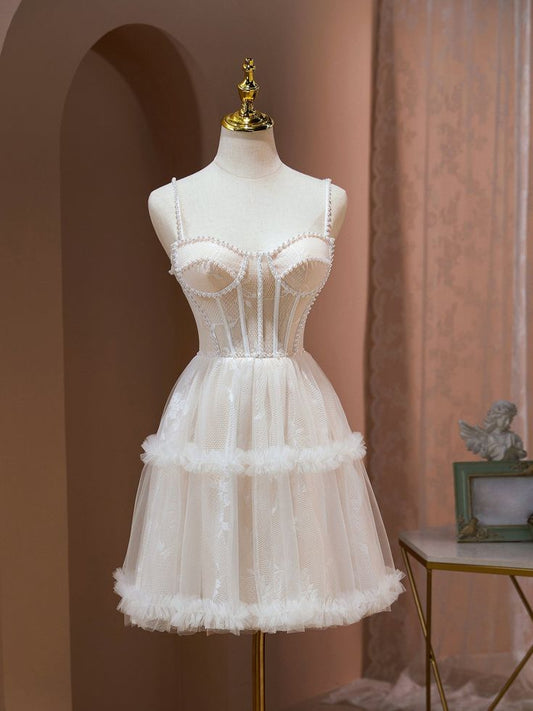 Lovely A Line Spaghetti Straps Tulle Pearl Short Prom Dress,Homecoming Dress,Birthday Dress GG2351