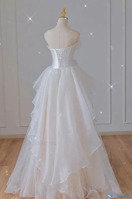 Cute A Line Strapless White Chiffon Tulle Long Prom Dress,Party Dress,Evening Dress GG2360