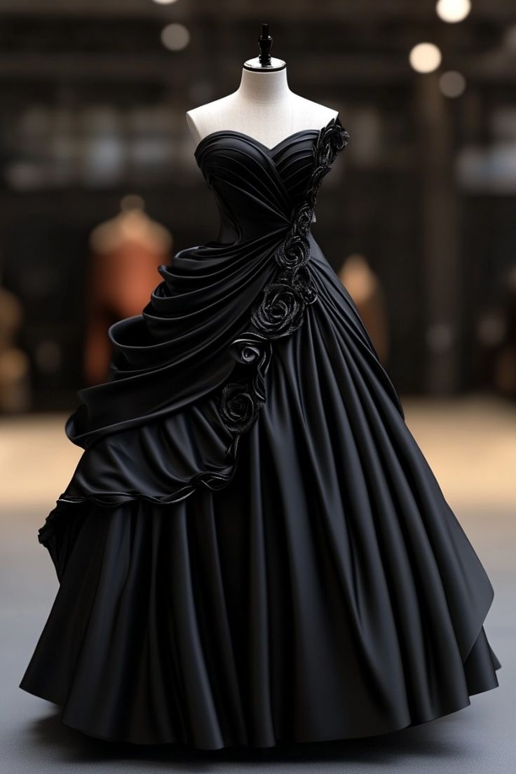 Unique A Line Strapless Black Satin Pleated Flowers Long Prom Dress, Party Dress, Evening Dress GG2438