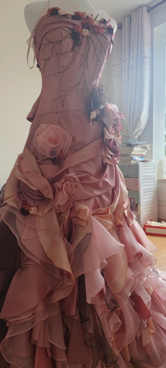 Vintage A Line Spaghetti Straps Satin Chiffon Sequin Flowers Long Prom Dress, Party Dress, Evening Dress GG2546