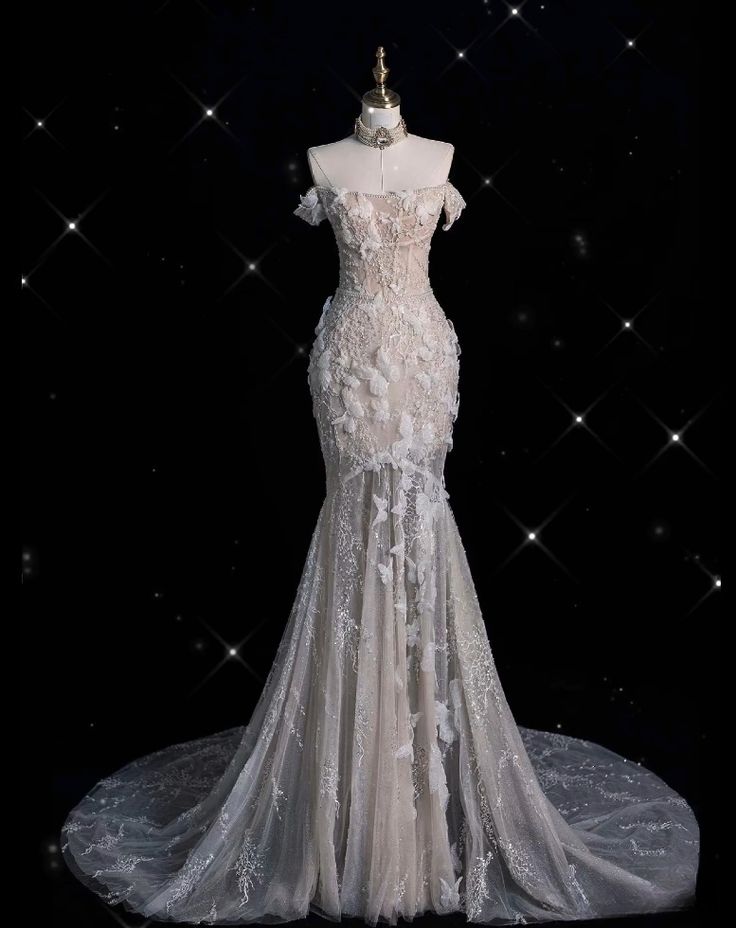 Unique Mermaid Off The Shoulder Satin Tulle Applique Wedding Dress GG2936