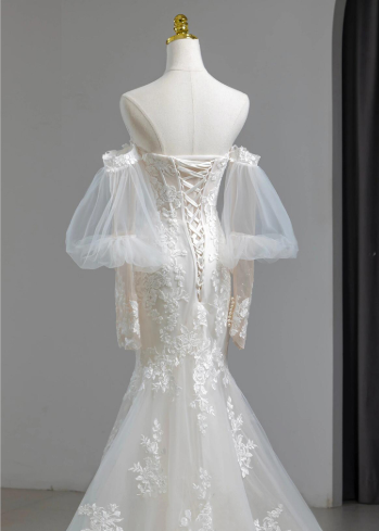 Timeless Mermaid Sweetheart Tulle Applqiue Long Sleeves Long Wedding Dress GG2941