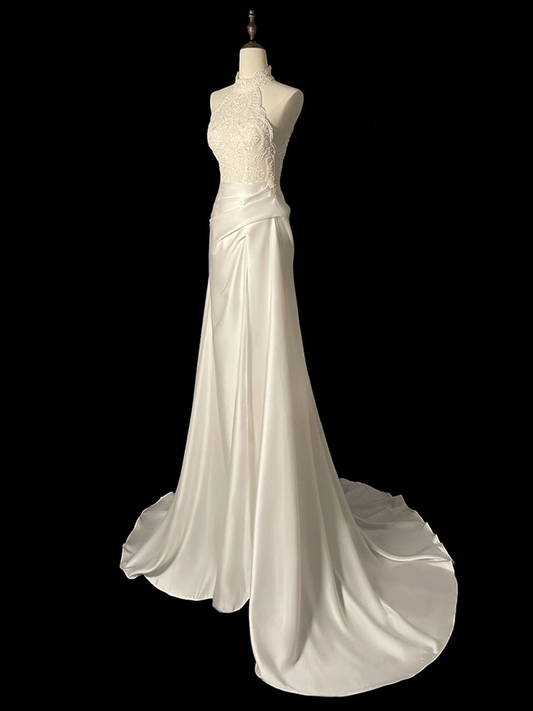 Timeless A Line Halter White Satin Lace Long Wedding Dress GG2945