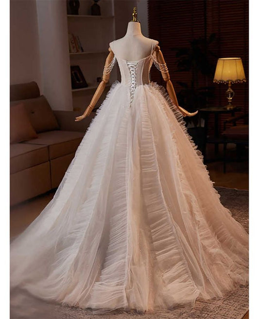 Dreamy A Line Spaghetti Straps Tulle Puffy Long Wedding Dress GG2948