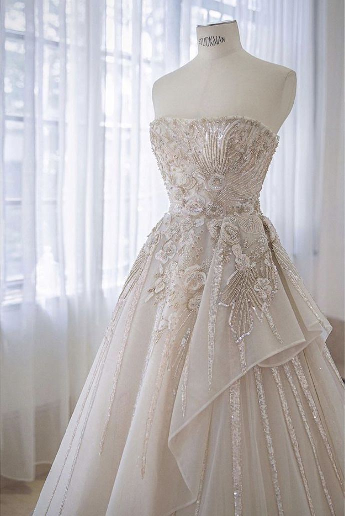 Pretty A Line Strapless Chiffon Tulle Beaded Long Wedding Dress GG2952