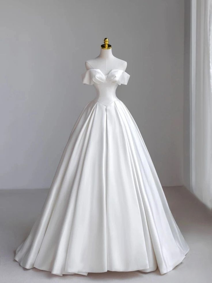 Elegant A Line Off The Shoulder White Satin Long Wedding Dress GG2956