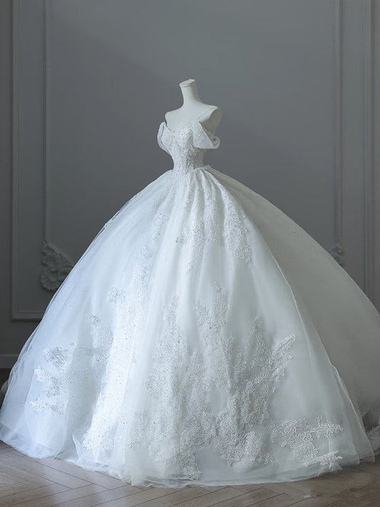 Timeless Ball Gown Off The Shoulder White Tulle Applique Long Wedding Dress GG2957