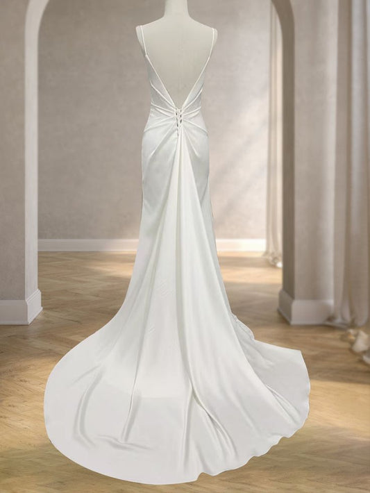 Simple Mermaid V Neck White Satin Backless Long Wedding Dress GG2966