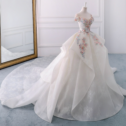 Dreamy Ball Gown Off The Shoulder Lace Applique Long Wedding Dress GG2973