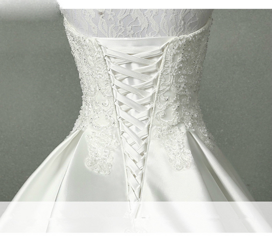 Classic Ball Gown Strapless White Satin Lace Applique Long Wedding Dress GG2974