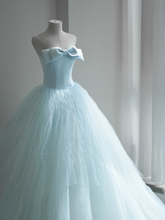 Princess Ball Gown Strapless Pale Blue Satin Tulle Long Wedding Dress GG2995