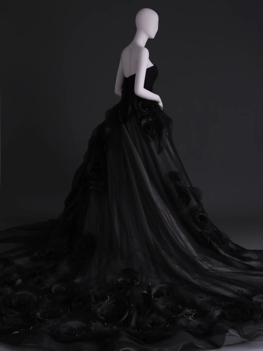 Unique Black Ball Gown Strapless Satin Tulle Flowers Long Wedding Dress GG2999