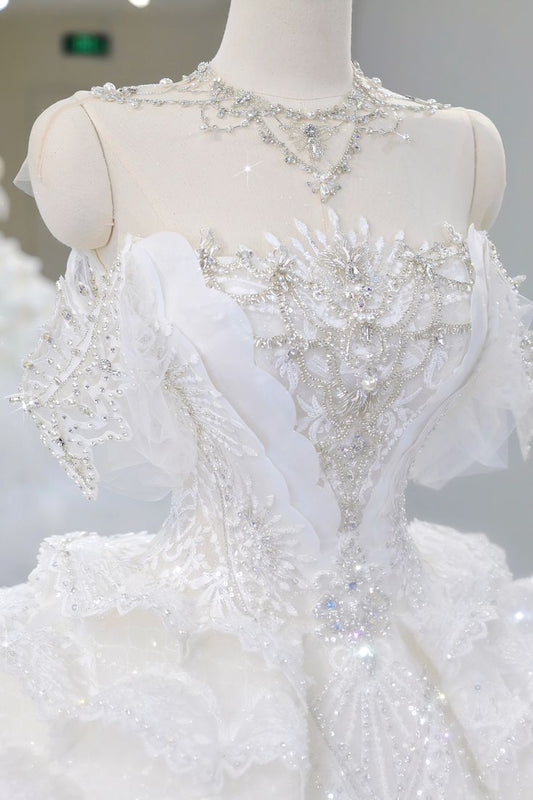 Timeless Ball Gown Off The Shoulder White Tulle Lace Beaded Long Wedding Dress GG3034