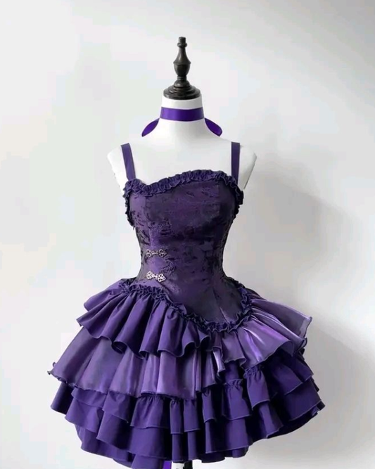 Unique Purple A Line Spaghetti Straps Satin Tiered Short Prom Dress,Homecoming Dress,Birthday Dress GG3515