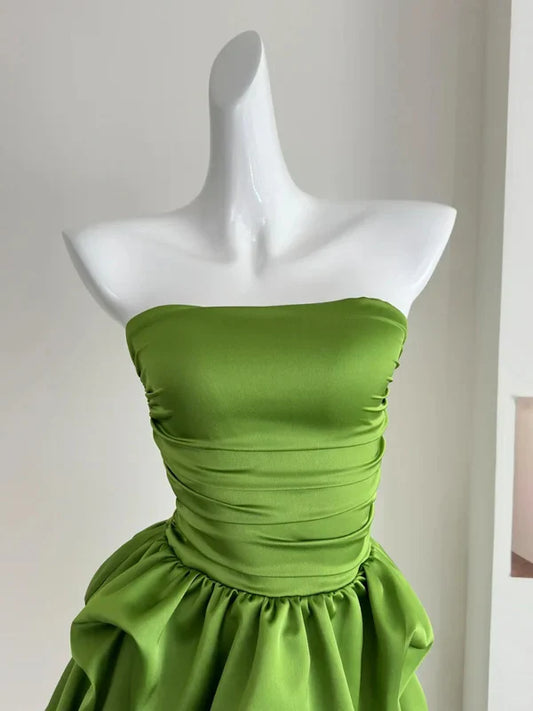 Chic Green A Line Strapless Satin Short Prom Dress,Homecoming Dress,Birthday Dress GG3532
