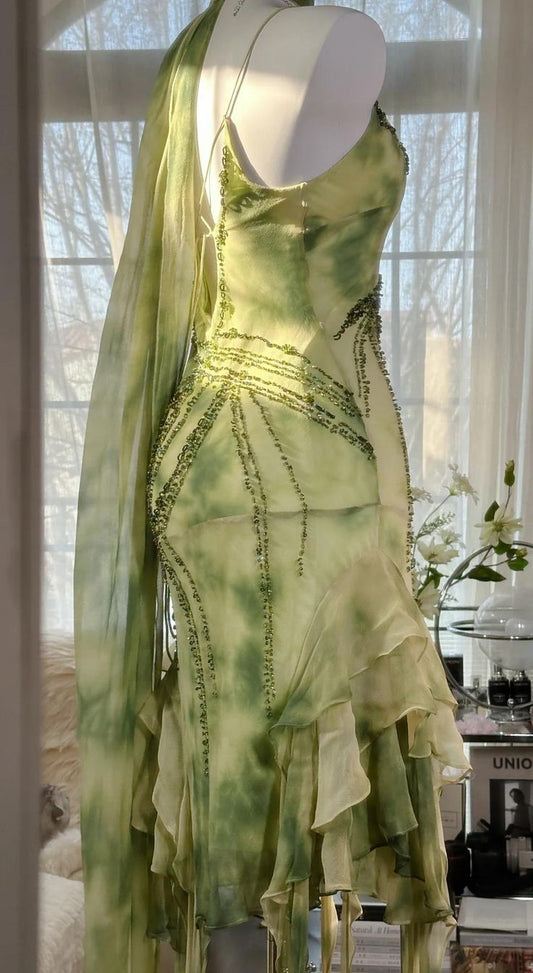 Stunning Mermaid Spaghetti Straps Chiffon Beads Ruffles Short Prom Dress,Homecoming Dress,Birthday Dress GG3538