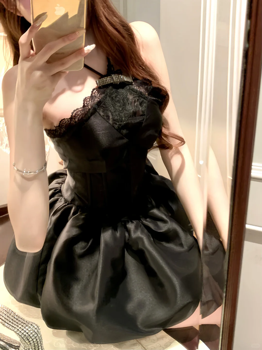 Sweet 16th Black A Line Halter Satin Lace Short Homecoming Dress,Summer Birthday Dress GG3701