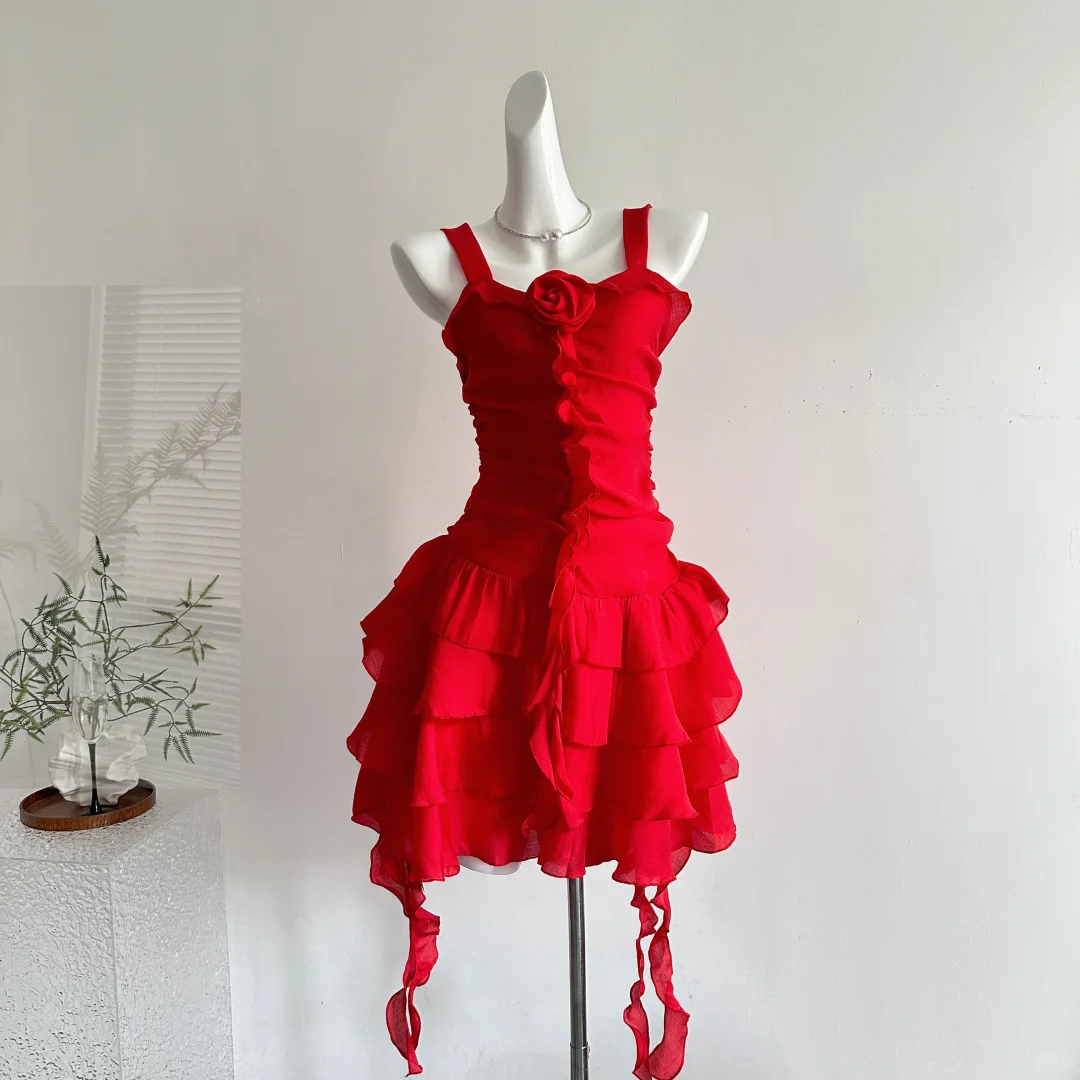 Red A Line Spaghetti Straps Satin Flower Ruffles Short Homecoming Dress,Summer 19th Birthday Dress GG3810