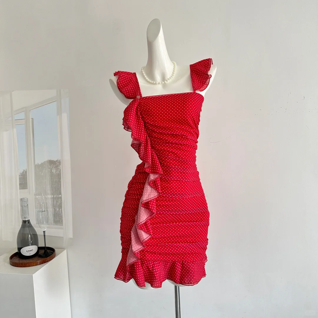 Impress Mermaid Square Red Satin Polka Dots Short Homecoming Dress,Summer 18th Birthday Dress GG3812