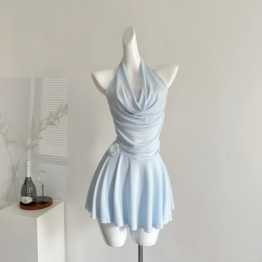 Pale Blue A Line Halter Satin Flower Short Homecoming Dress,Summer 18th Birthday Dress GG3815