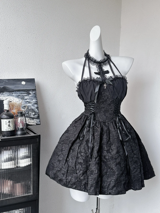 Princess Ball Gown Halter Black Satin Short Homecoming Dress,Summer 18th Birthday Dress GG3871