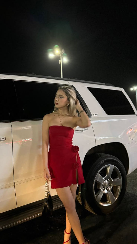 Chic Burgundy Mermaid Strapless Satin Flower Short Homecoming Dress,Summer 21th Birthday Dress GG3913