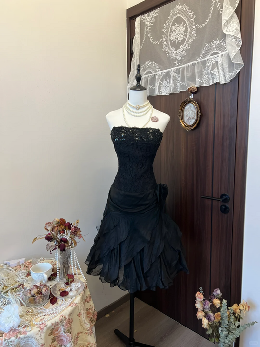 Classy A Line Strapless Black Satin Lace Sequin Short Homecoming Dress,Summer 18th Birthday Dress GG3942