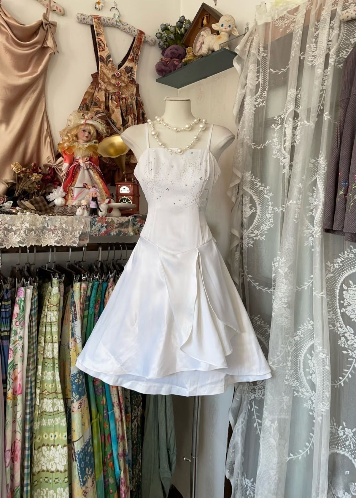 White A Line Spaghetti Straps Satin Beads Short Homecoming Dress,Summer 18th Birthday Dress GG4110