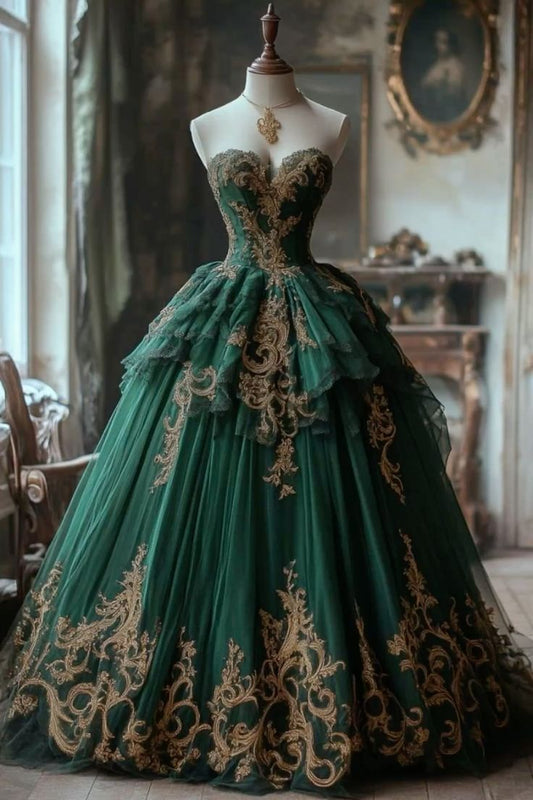 Vintage Ball Gown Sweetheart Dark Green Tulle Lace Long Prom Dress,Wedding Dress,Formal Evening Dress GG4757