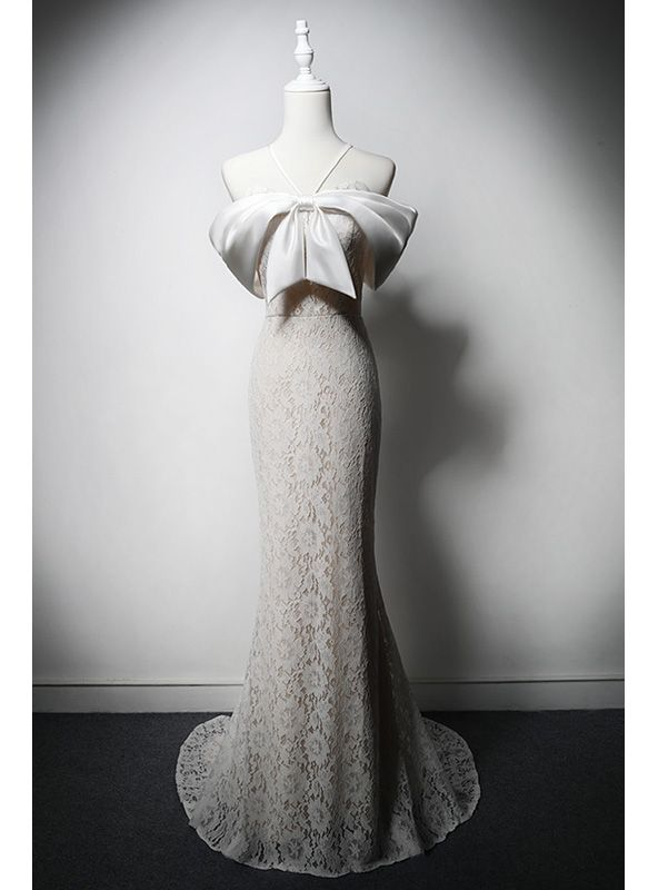 Elegant Mermaid Lace Halter Spaghetti Straps Bow Long Prom Dress,Wedding Dress,Evening Dress GG613