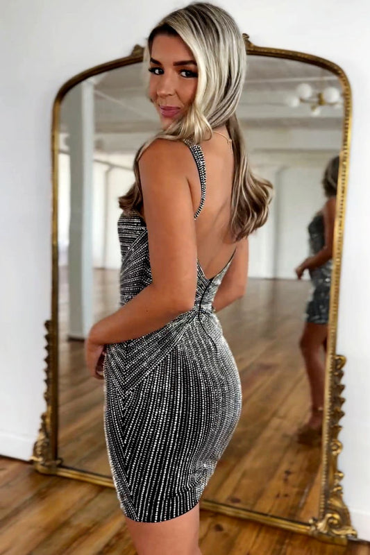 Black Glitter Bodycon Homecoming Dress with Beaded Straps and Short Fitted Silhouette