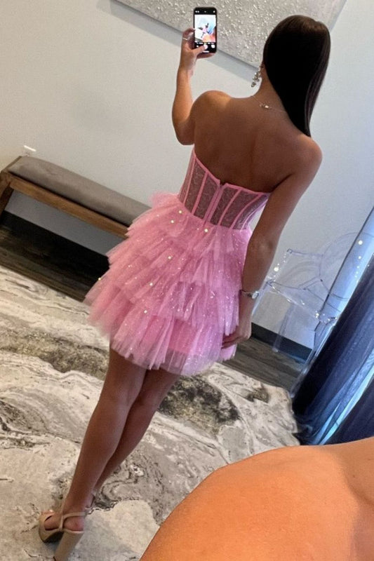 Glitter Pink Strapless A-Line Homecoming Dress with Tiered Tulle Skirt