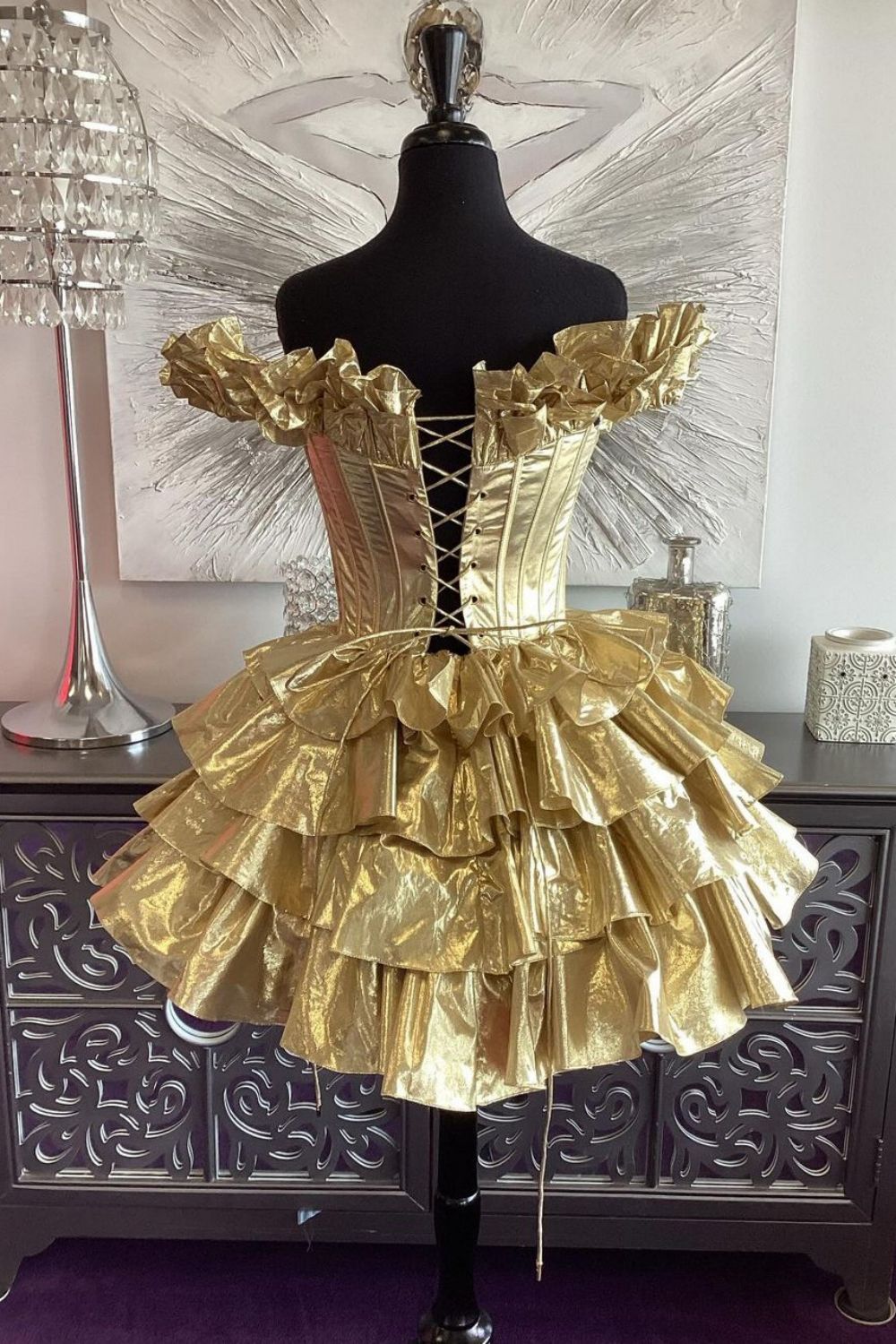 Gold Metallic Tiered Homecoming Dress with Off Shoulder Style A-Line Shape and Lace Up Closure