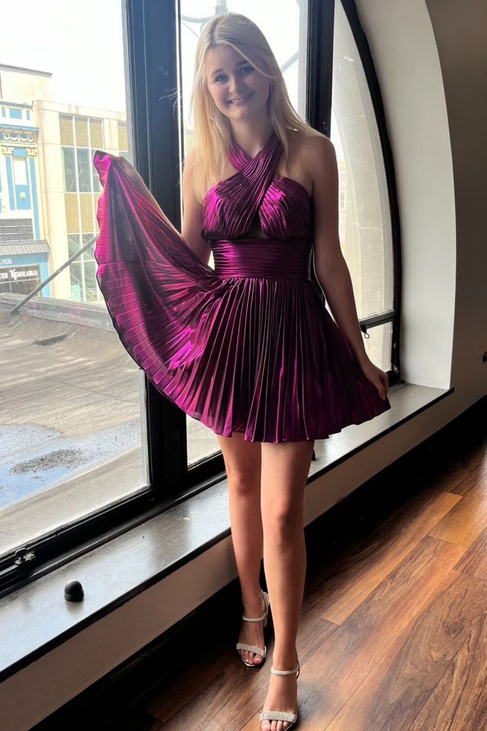 Metallic Gold A Line Homecoming Dress with Short Skirt and Halter Neck Design